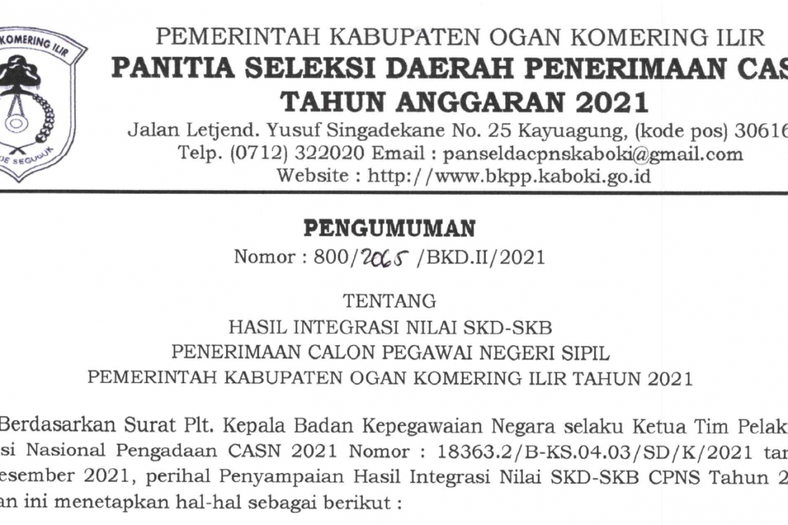 Pengumuman Hasil Integrasi Nilai SKD-SKB Penerimaan CPNS Pemkab OKI Tahun 2021